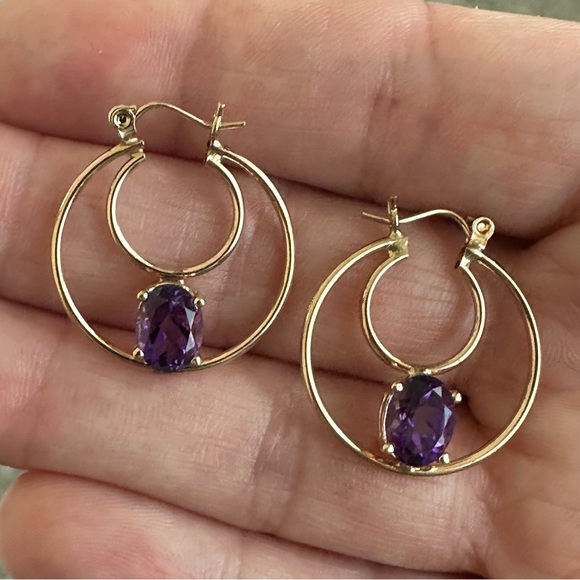 14k Solid Gold Amethyst Double Hoop  Earrings - Picture 15 of 15